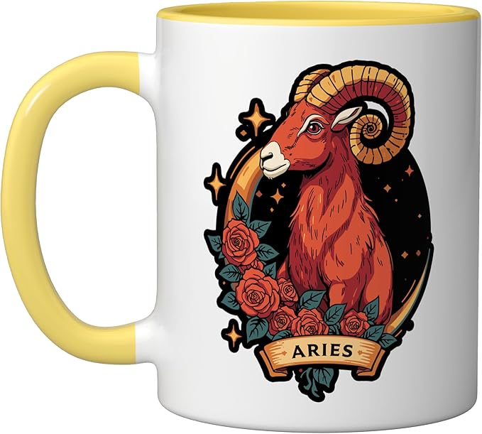 Aries Zodiac Sign Ram Astrology Spiritual Birthday In April Ceramic Mug, Yellow/White