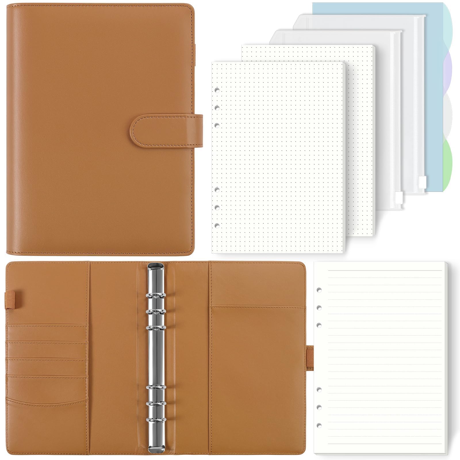 SKYDUE A5 Ringbuch, Ringbuch A5 Nachfüllbar,135 Blätter Nachfüllpapier, Notizbuch Mit Bindertaschen,a5 Binder Für Schulnotizen Und Reisetagebücher (Braun)