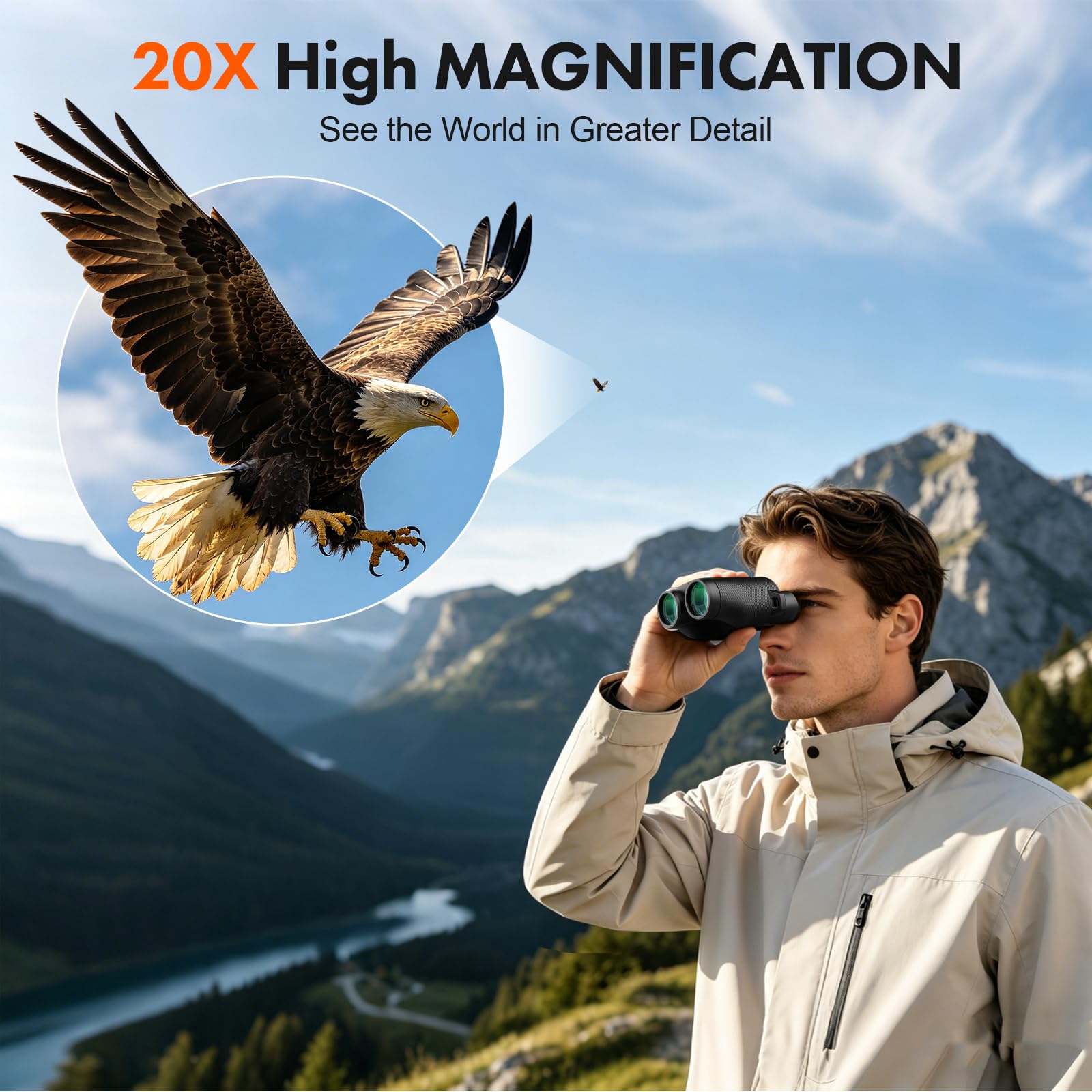 Wozel - Binocolo compatto 20 x 25 per adulti e bambini, ad alta potenza, con visione bassa, visione bassa, per bird watching, concerto, crociera, viaggi, leggero piccolo prisma Porro FMC con custodia