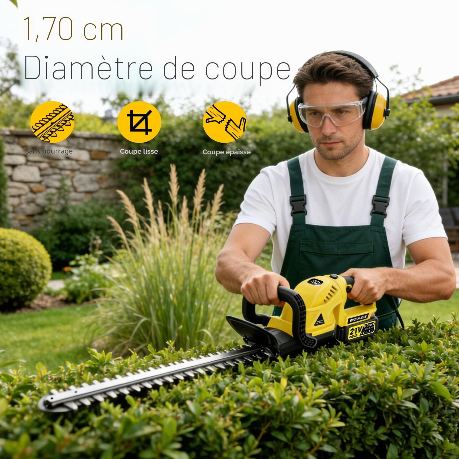 Taille-Haie Sans Fil 22 Pouces, Moteur Sans Balais 3000 W, 2 Batteries 4,0 Ah, Lame SK5 Double Action, Diamètre de Coupe 16 mm, Poignée Pivotante 180°