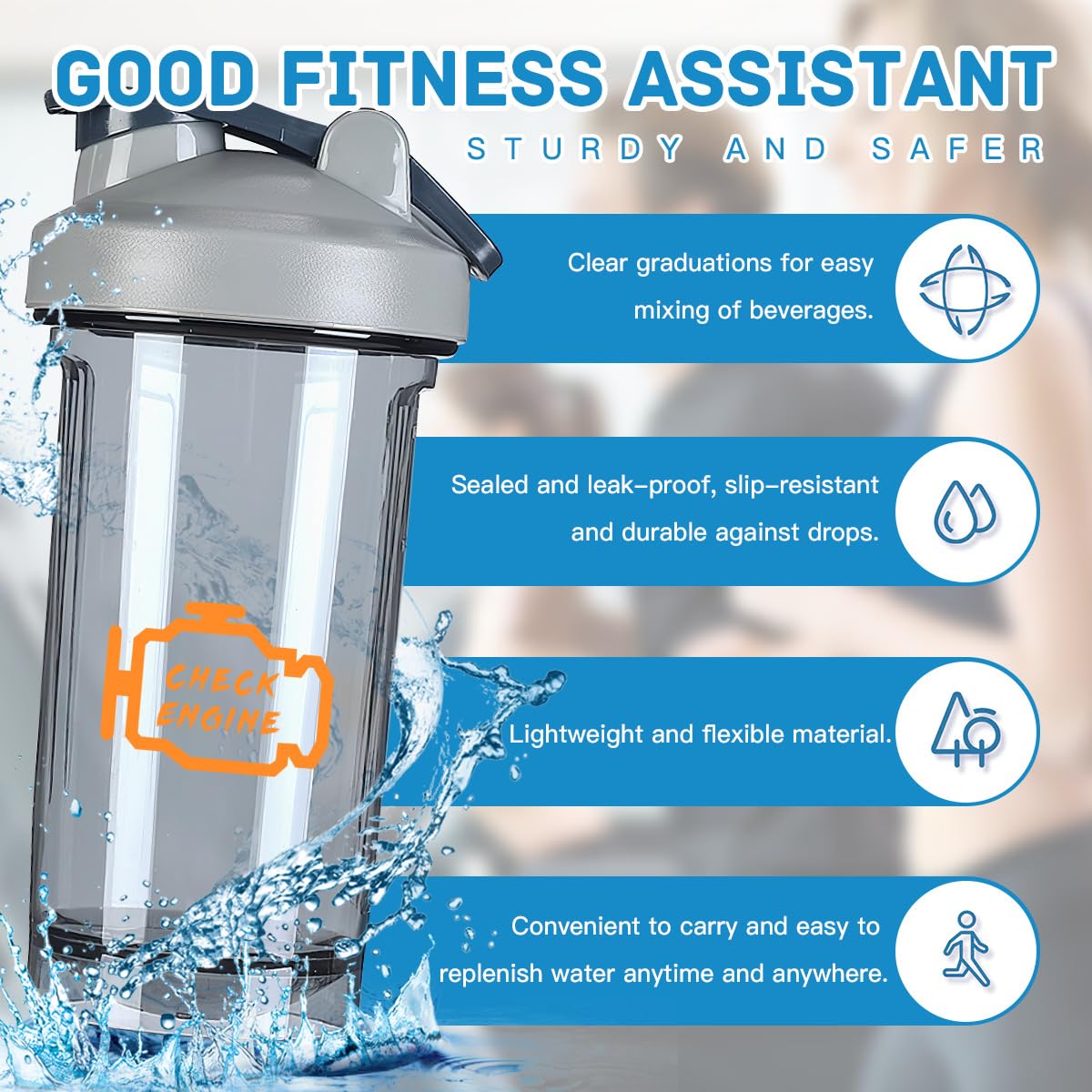 Check Engine Light Mechanic Auto Repair 0 18 Ounce Shaker Bottle Drink Mixer Leak-proof Pre Workout Protein Shakes Meal Replacement Shakes Bottles 500ML/18 Oz Gray