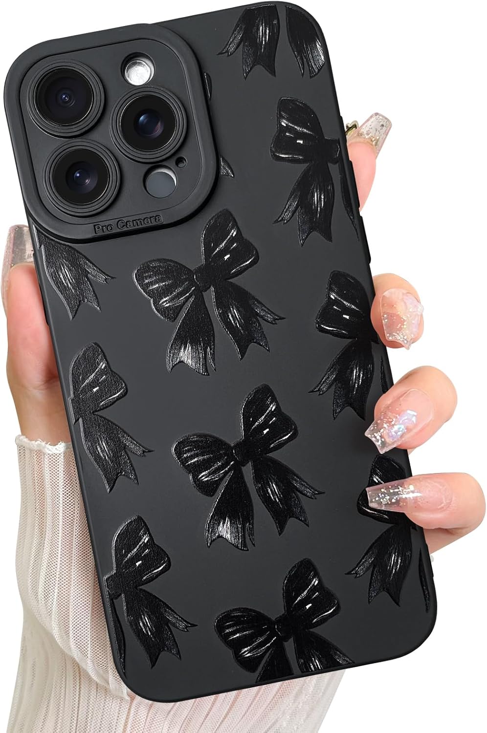 LSL Case for iPhone 15 Pro Max Black Ribbon Bow Pattern Print Design Soft TPU Full Camera Lens Anti-Drop Anti-Scratch Shockproof Protective Slim Cover for Women Girls