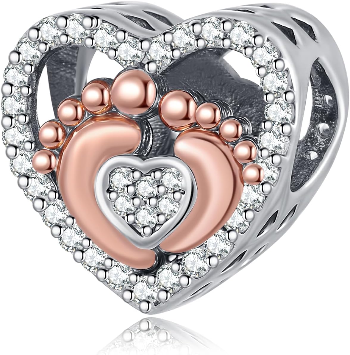 Two Tone Footprint Heart Charm Sparkling CZ Bead Compatible with Pandora Bracelet Mom Gift