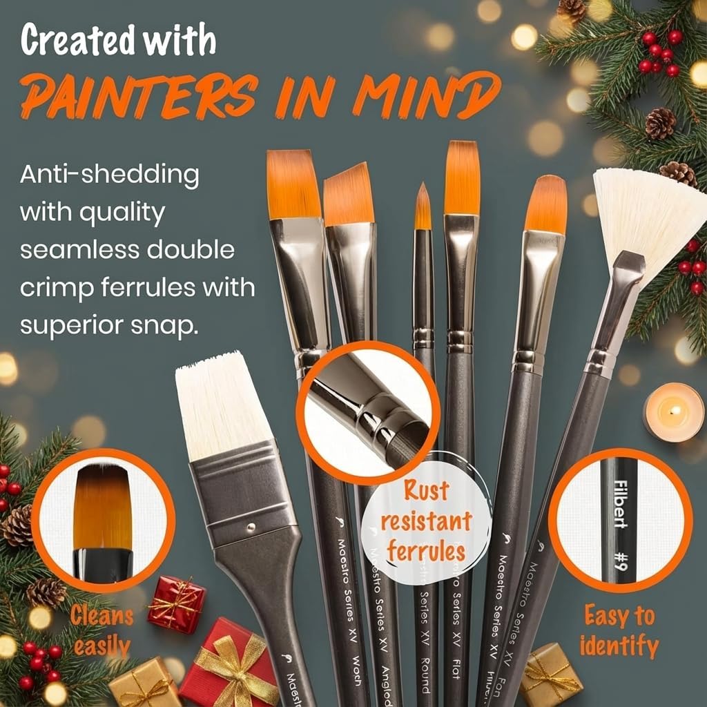 Professional Paint Brushes Set. Artist Paint Brush for Oil, Acrylic Painting on Canvas, Watercolor, Gouache. 15pc Travel Bag Brush Holder