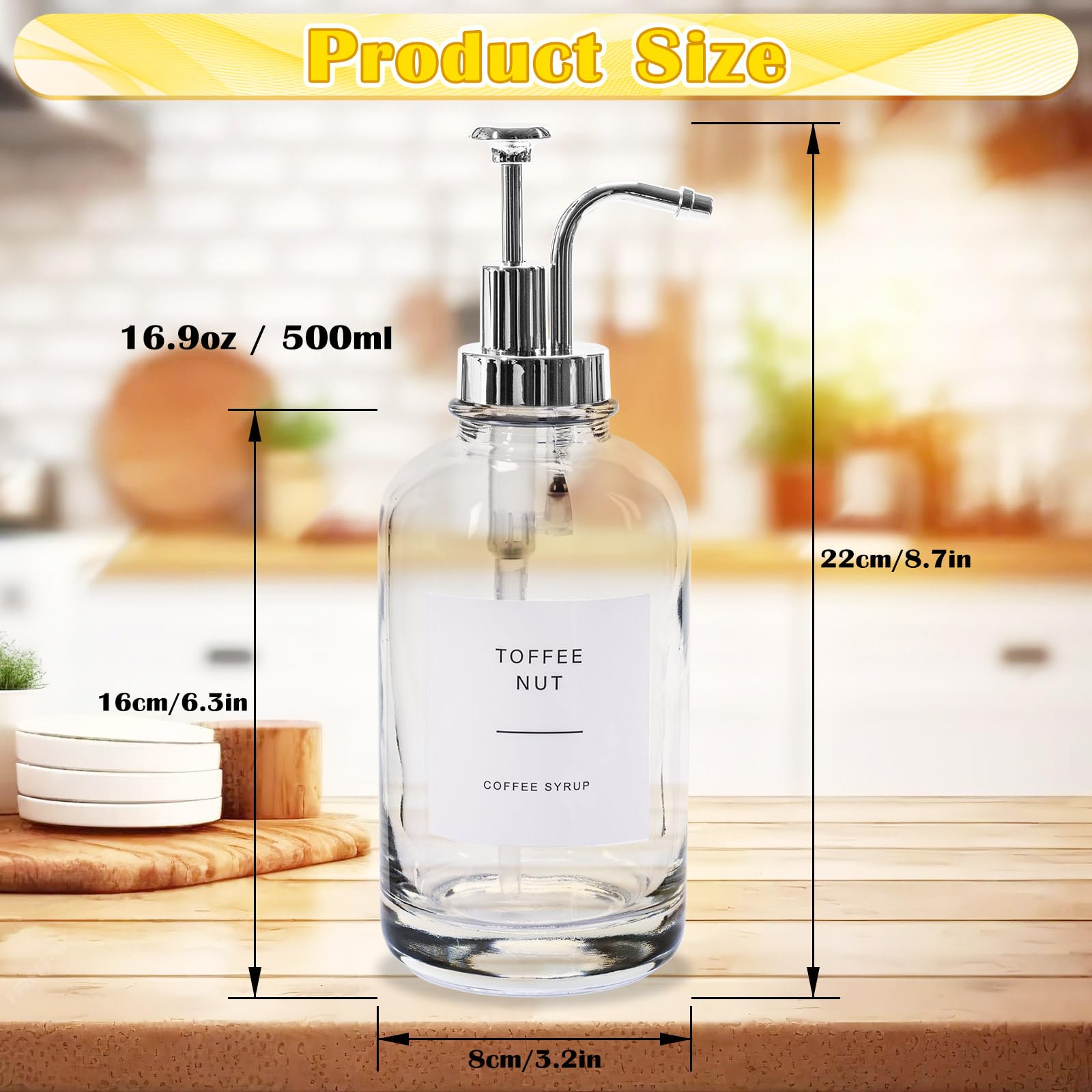 Dispenser per sciroppo di caffè, 500 ml, bottiglia in vetro per sciroppo, 4 dispenser con pompa, contiene 36 etichette e scovolino, imbuto, vassoio (confezione da 4)