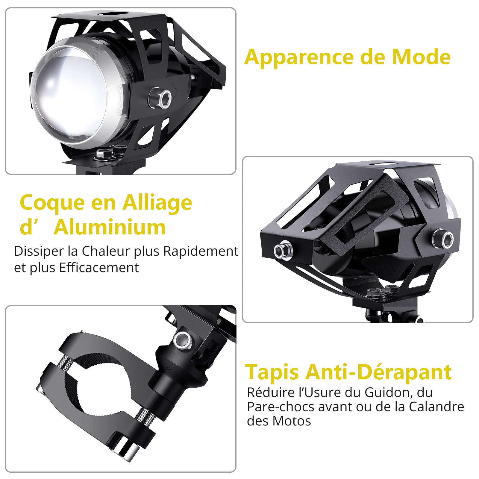 PROZOR 2PCS U5 Phares Avant 360 ° Réglage 15W 3000LM avec Commutateur IP65 Étanche&Scellé Phares Antibrouillard LED Projecteur pour 12/24V Moto