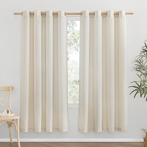 NICETOWN Linen Flax Semi Sheer Curtains 72" Length, Grommet Window Treatments Privacy Added with Light Penetration Vertical Drapes for Loft/Home Office, Natural, W55 x L72, 2 Panels