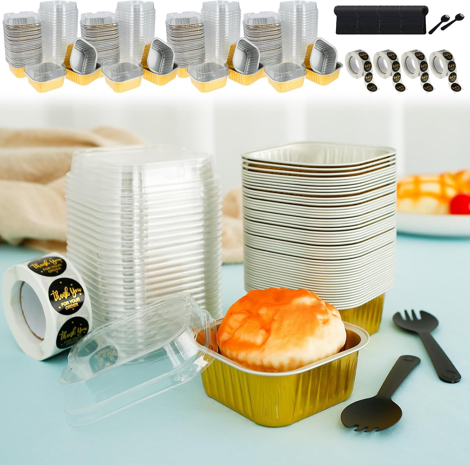 200Pack Disposable Mini Cake Pans With Lids and Spoons, 5oz Mini Cake Baking Pans, Mini Loaf Pans, Mini Cupcake Pan Disposable, Aluminium Foil Square Brownie Baking Cups
