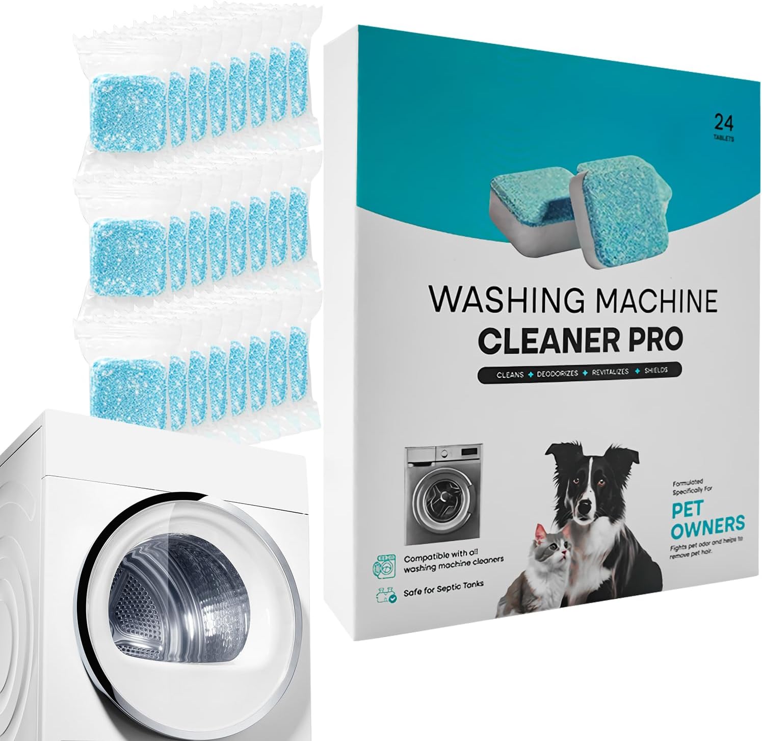 Washing Machine Cleaner Tablet, Front Loader 24 Pack Deep Cleaning, Top Load, Washing Machine Removes Odor Causing Residue, Cleans Inside Drum and Washing Tub Seals, Pet Hair and Hard Water Buildup