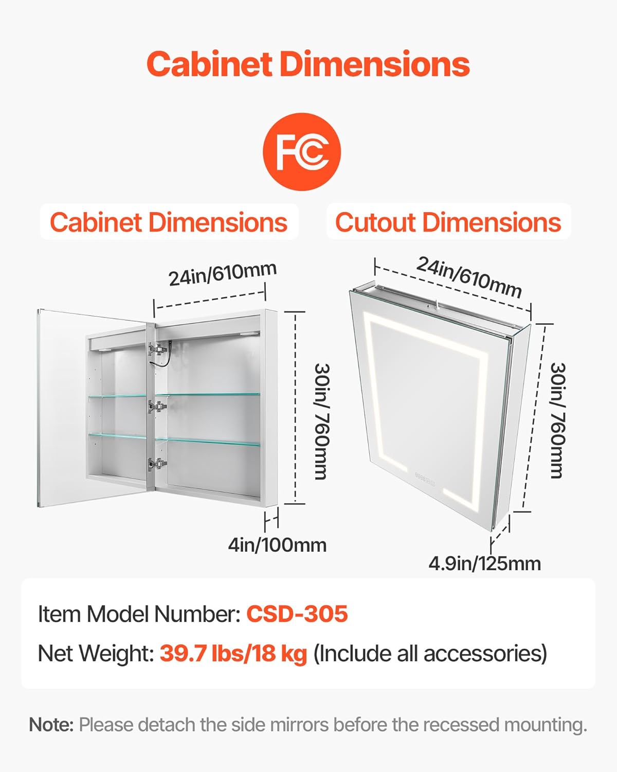 VEVOR Lighted Medicine Cabinet with Mirror, 24 x 30 in Recessed or Wall Mount, 3 Color Dimmable LED Bathroom Medicine Cabinet with HD Mirror, Clock, Adjustable Shelve Storage, Memory Defog Function