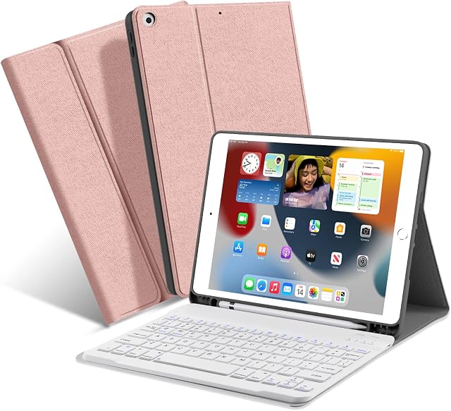 iPad 10.2 Keyboard Case 9th Generation(2021)/ 8th Gen(2020)/ 7th Gen(2019), XIWMIX Slim Smart Protective Case with Pencil Holder and Magnetic Wireless Detachable Bluetooth Keyboard, Rose Gold