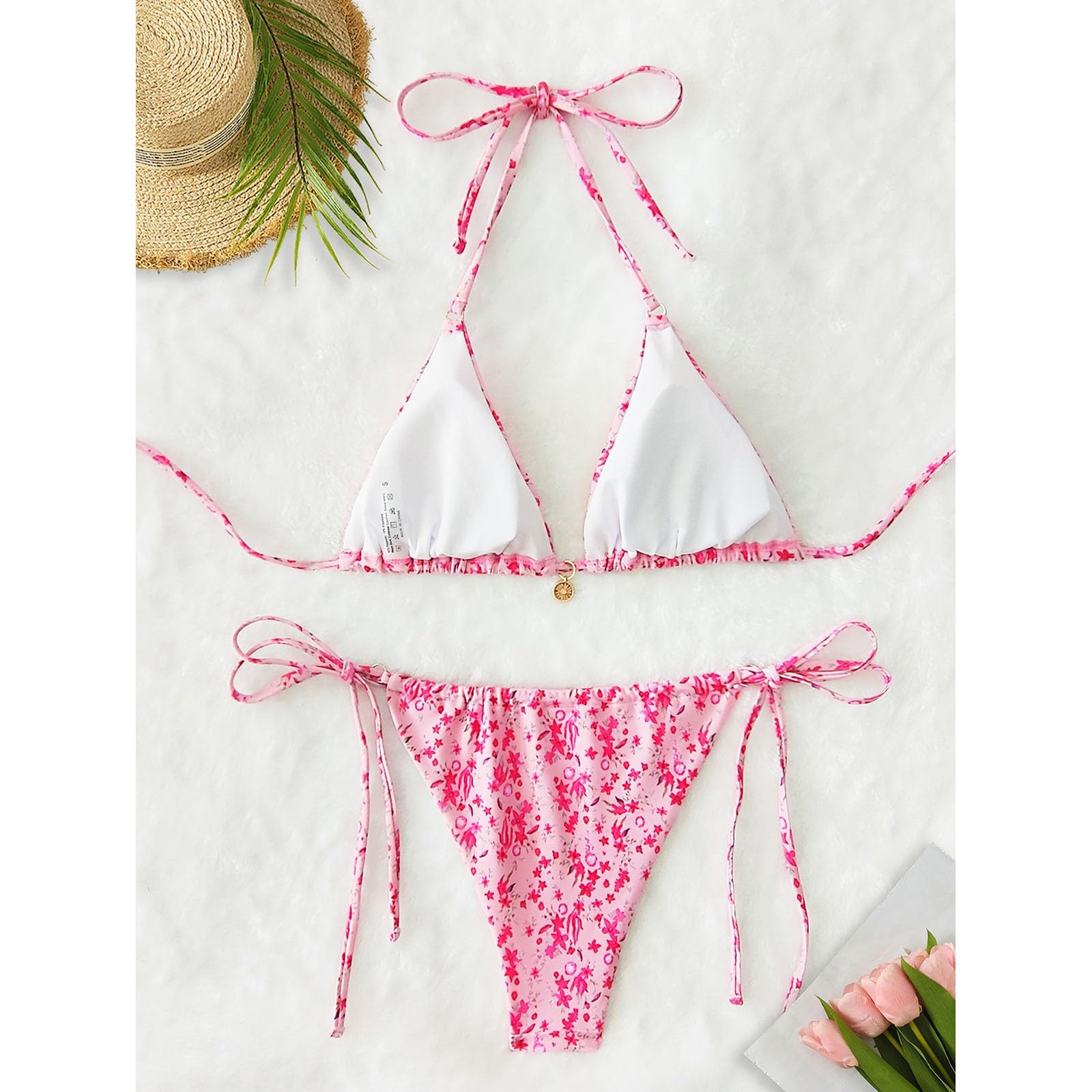 Bikini Conjunto De for Mujer Traje Baño Dos Piezas con Cuello Halter Triángulo Sexy Tanga Cordones Laterales, Rojo (Rojo Sandía), L