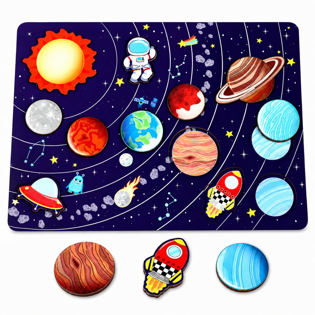 Wooden Solar System Puzzle for Kids, 11.42 * 5.91in, Educational Toy, Develops Spatial Awareness and Hand-Eye Coordination (cartoon)