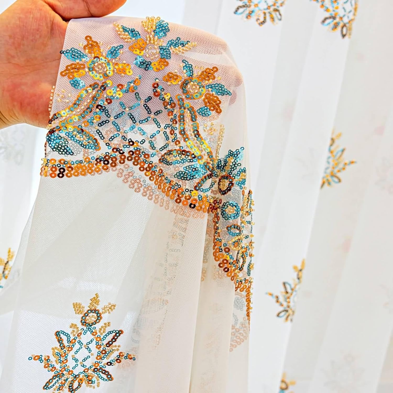Daesar 2 Panels Voile Curtains 58 Inch Length, Eyelet Transparent Curtains Embroidered Sequins Flower Pattern Window Voile Drapes Treatment for Bedroom Living Room, 42x58 Inch White Colorful