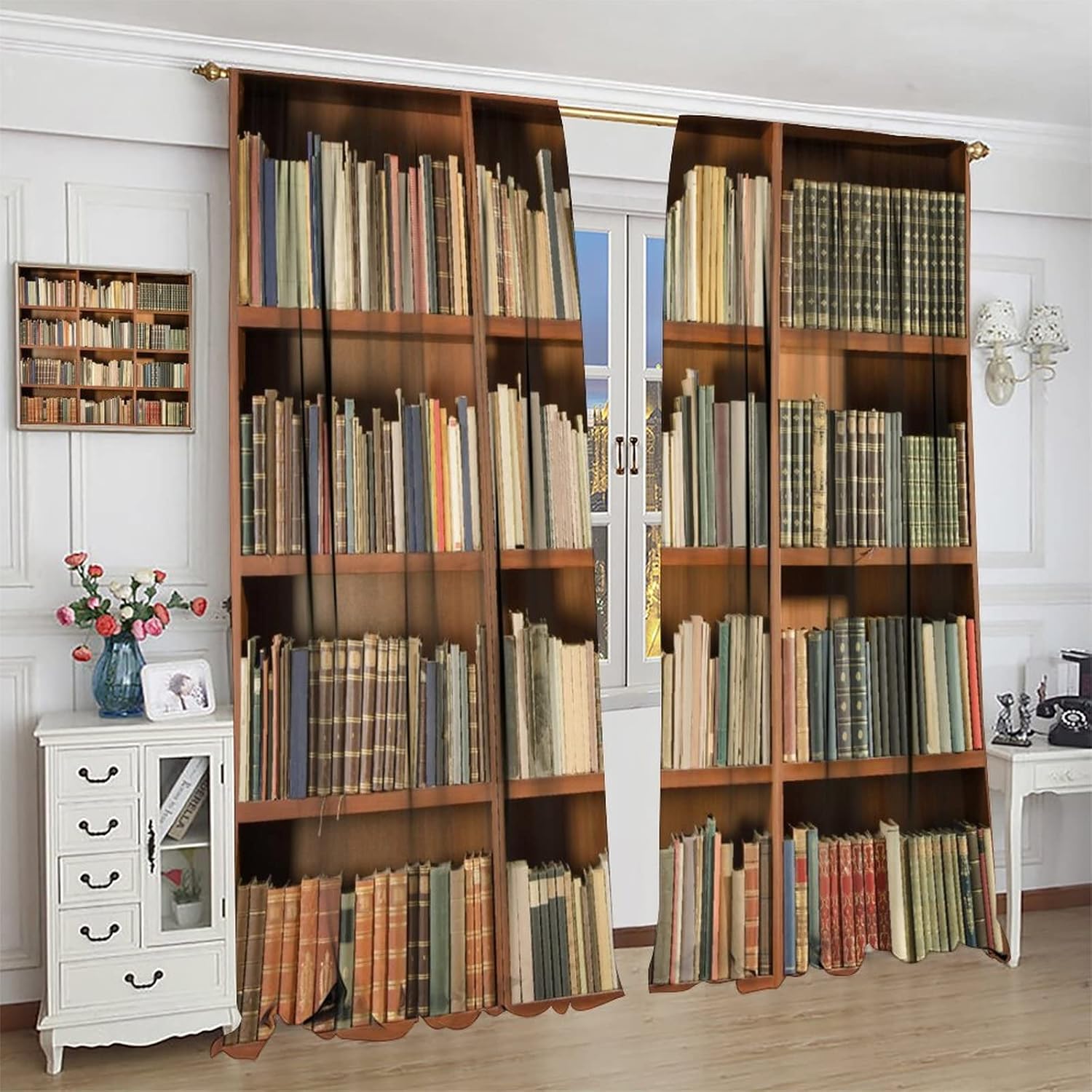 Library Bookshelf Curtain Vintage Educational Bookcase Curtain Readable Books Room Bedroom Blackout Curtains 42x54in