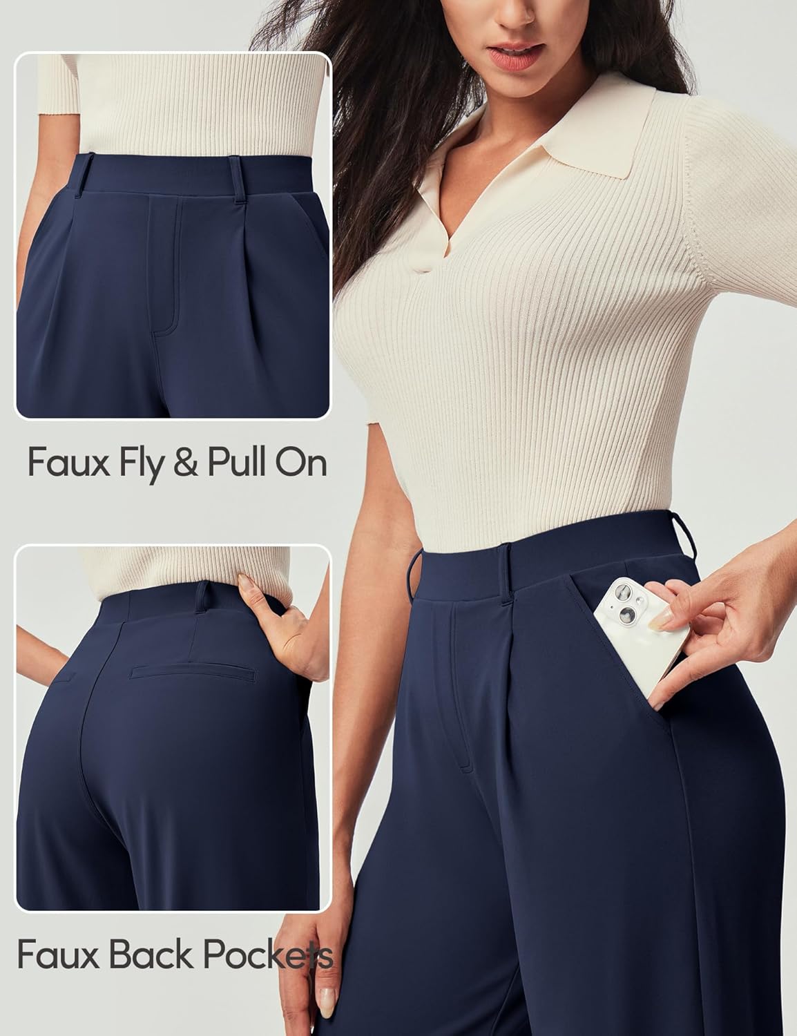 IUGA Womens Dress Pants Wide Leg Pull On Stretchy Work Pants Women High Waisted Business Casual Trousers with Pockets - Image 4