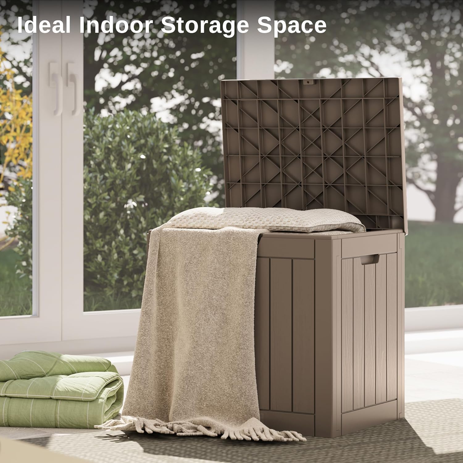 Outdoor Storage Box, 35 Gallon Deck Box, 132 Litre Waterproof Resin Storage Bin for Patio Cushions, Gardening Tools, Accessories, Lockable, UV Resistant Garden Chest Utility Handles Lid (Brown) — view 5