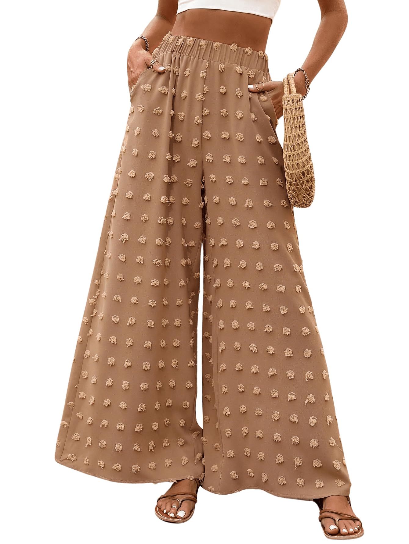 WDIRARA Womens Swiss Dots Elastic High Waist Loose Wide Leg Pants with Pockets