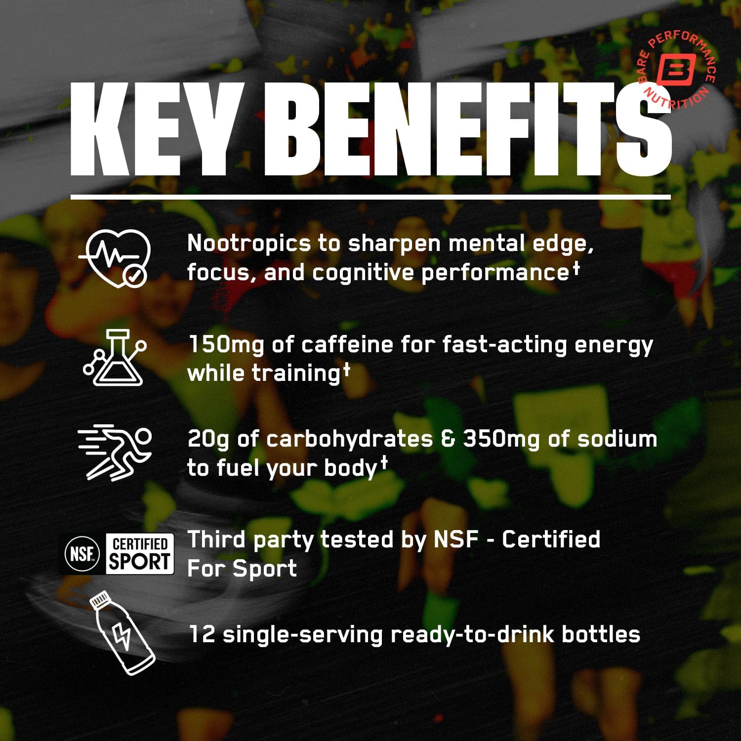 BARE PERFORMANCE NUTRITION G.1.M Sport+ Ready to Drink Endurance Pre-Workout & Hydration – Electrolytes, Caffeine & Nootropics – Lemon Lime – 12 Pack Bottles for Race Day & Long Runs