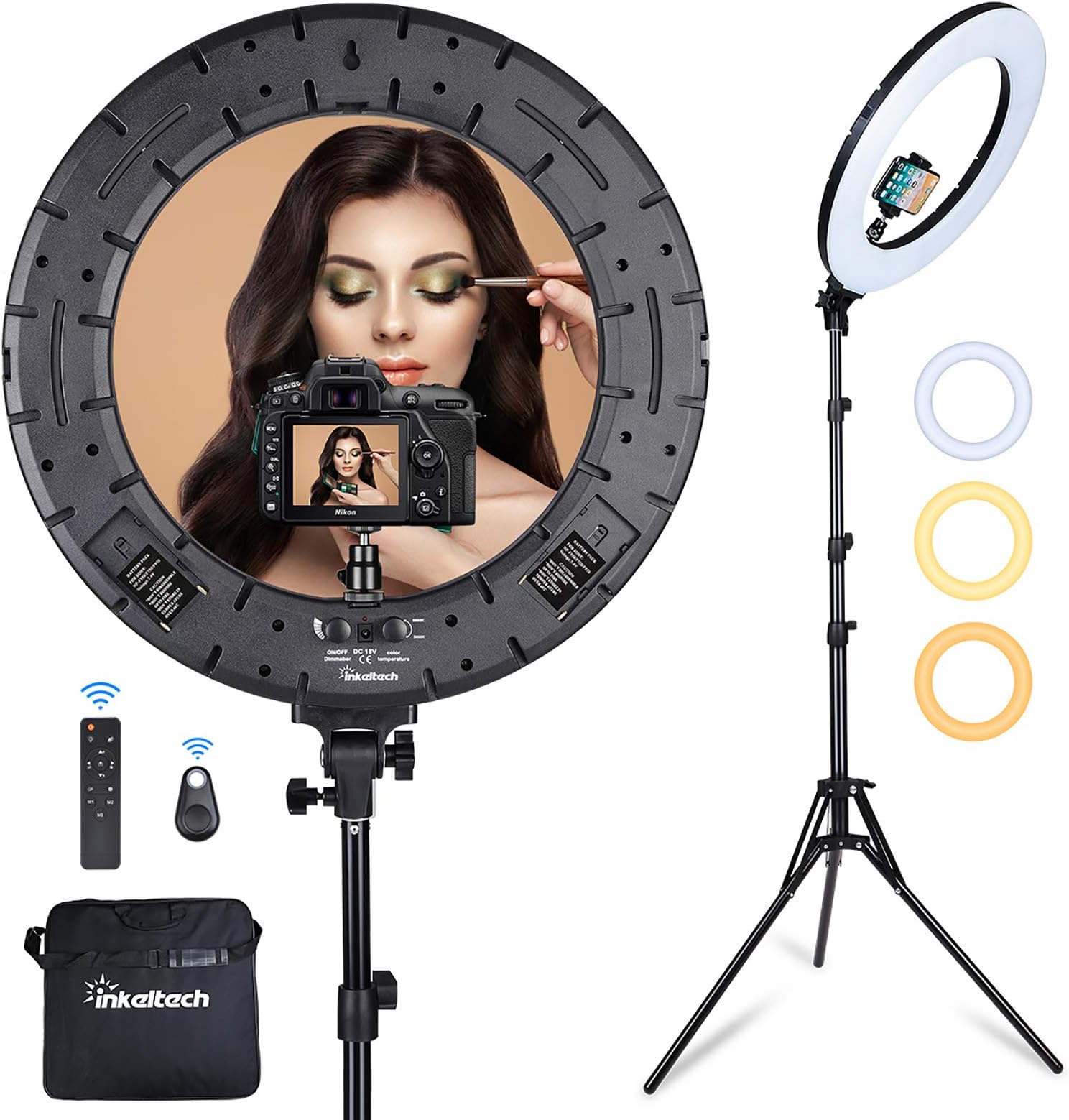 Inkeltech Ring Light - 18 inch 60 W Dimmable LED Ring Light Kit with Stand - Adjustable 3000-6000 K Color Temperature Lighting for Vlog, Makeup, YouTube, Camera, Photo, Video - Control with Remote