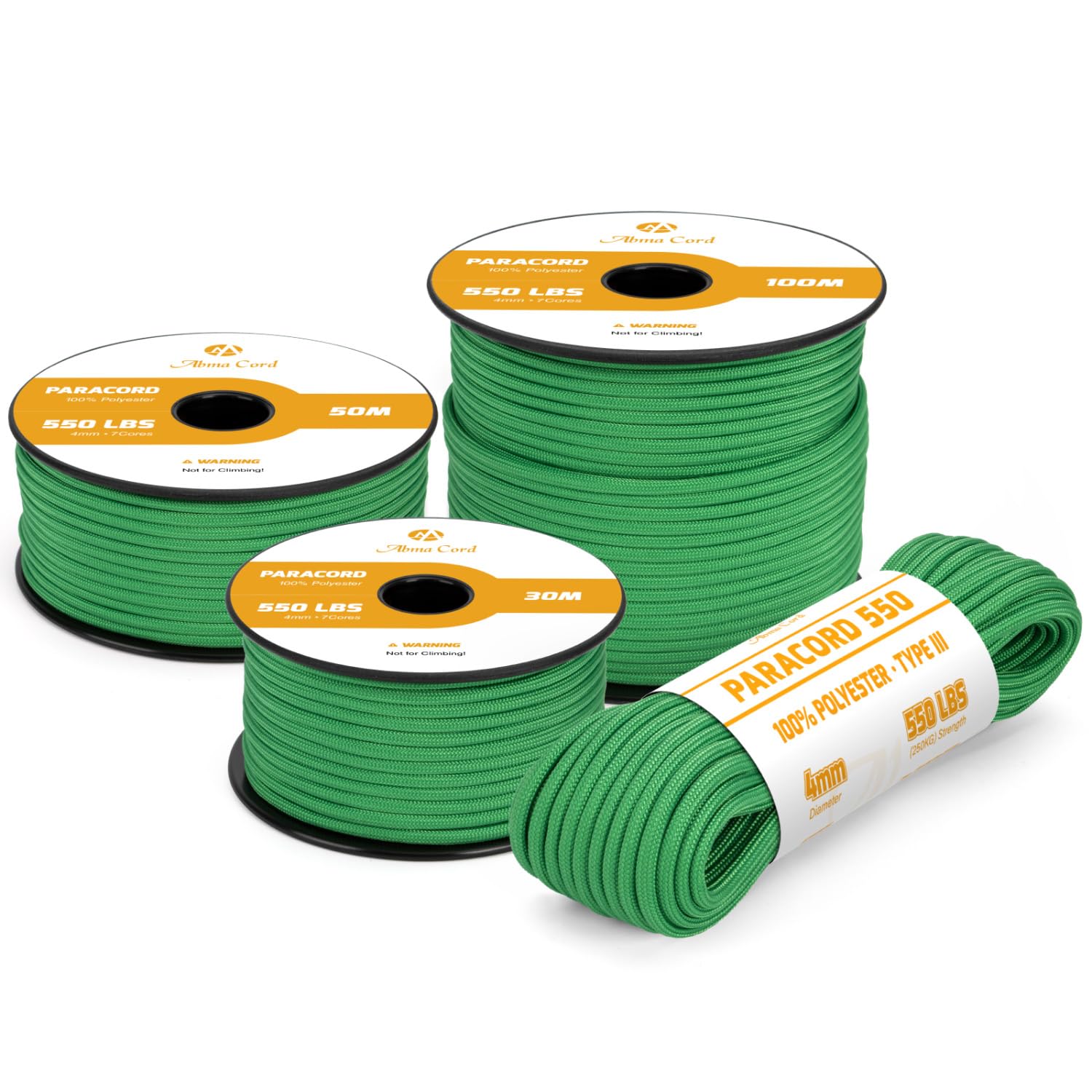 Abma Cord 550 Paracord 4mm 15m Rope 7 Strands Type III Parachute Cord for Crafting, Camping, Survival, Outdoor - Max. 250kg - Jade Green