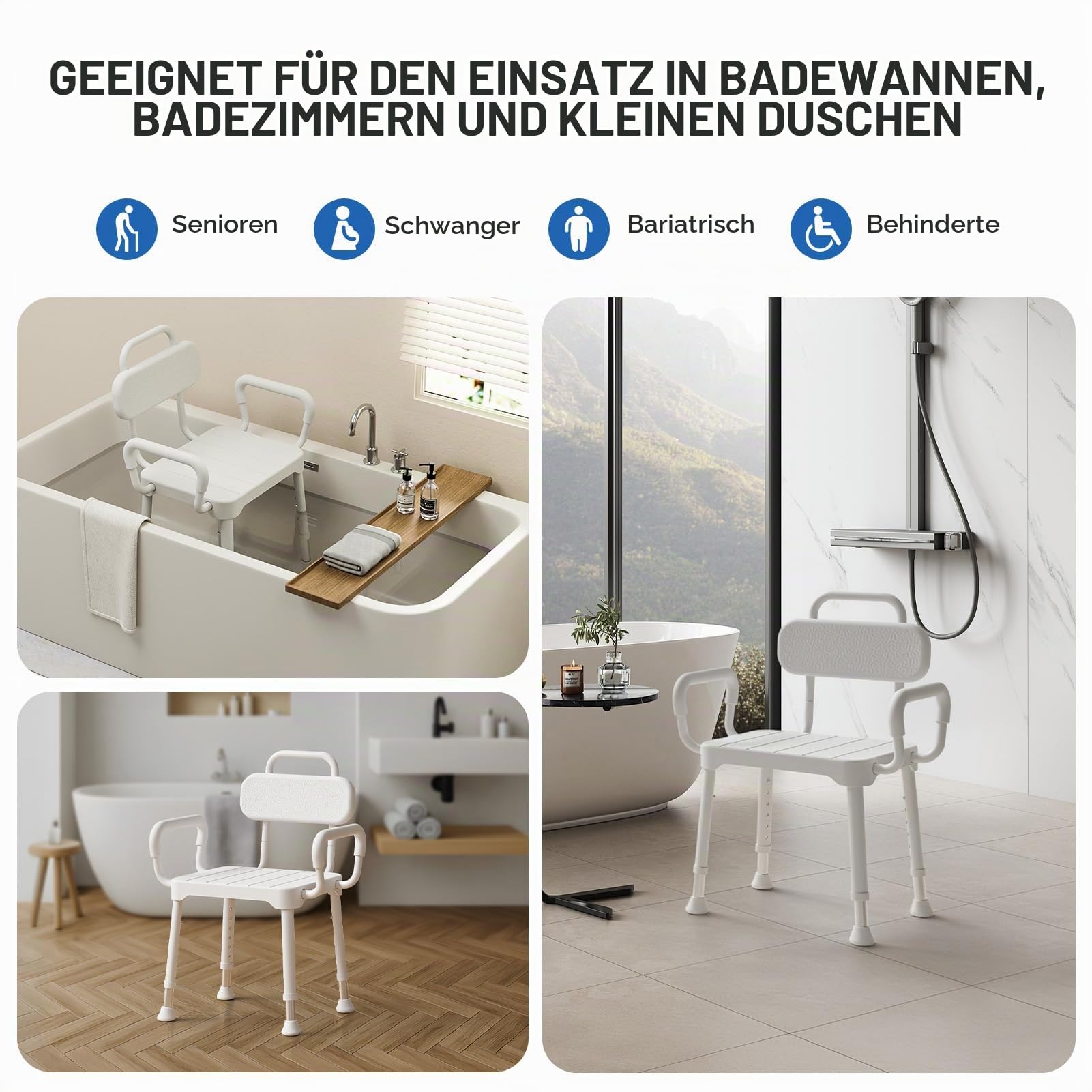 Loyoda Duschstuhl Senioren mit Rückenlehne, Armlehnen & Aluminiumrahmen | Höhenverstellbar, rutschfeste Füße, abnehmbare Rückenlehne & Armlehnen, rostbeständig, bis 159 kg belastbar, Neutralgrau