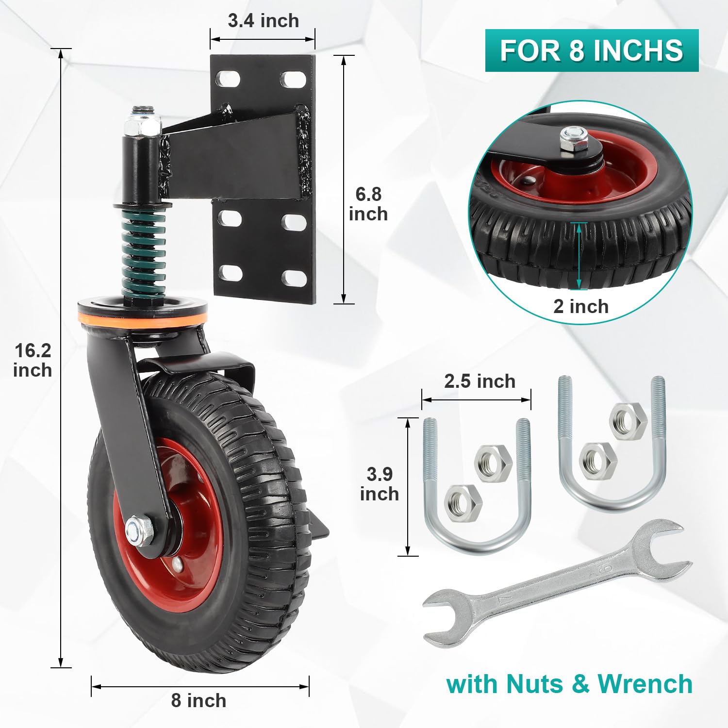 FAHKNS Ruedas giratorias de 8 pulgadas con freno, giro de 360 grados, con resorte, capacidad de 600 libras, para puerta de tubo oscilante de metal, puerta de valla de madera, paquete de 2