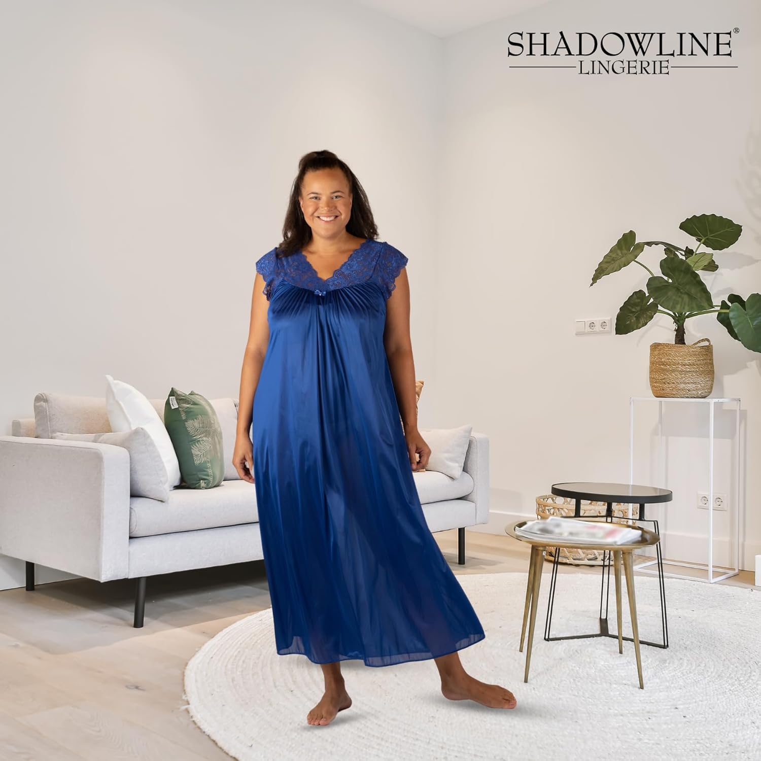 Shadowline Women’s Nightgown Silhouette Long Silky Nylon Sleep Dress Lace Cap Sleeves
