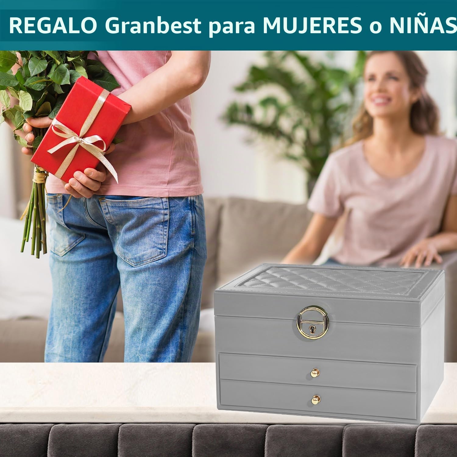 Granbest Joyero de 3 niveles con 2 cajones, caja de joyería de cuero para collares, pulseras, anillos y pendientes (gris)
