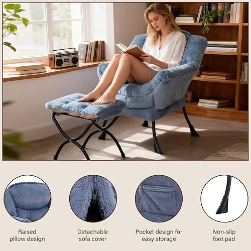 Vista 4 de Welnow - Silla perezosa con otomana, moderna silla de descanso con reposabrazos y bolsillo lateral, juego de sillón tapizado de ocio, sillón