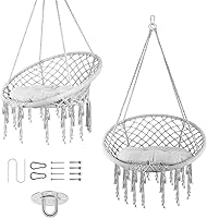 Vista 8 de Silla hamaca colgante, columpio de cuerda de algodón de macramé hecho a mano con cojín de asiento y juntas tóricas de acero, ideal para decoración