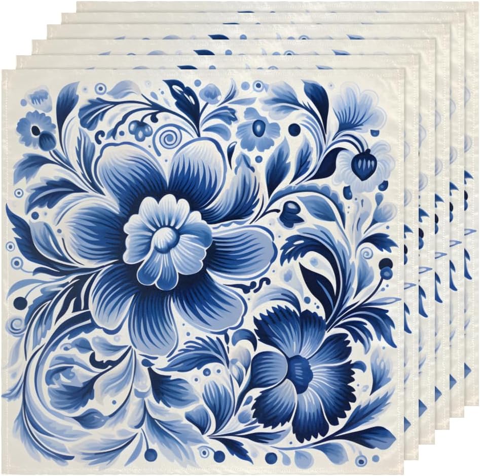 Servilletas de tela set de 6 azul flores blancas 50.8x50.8 cm