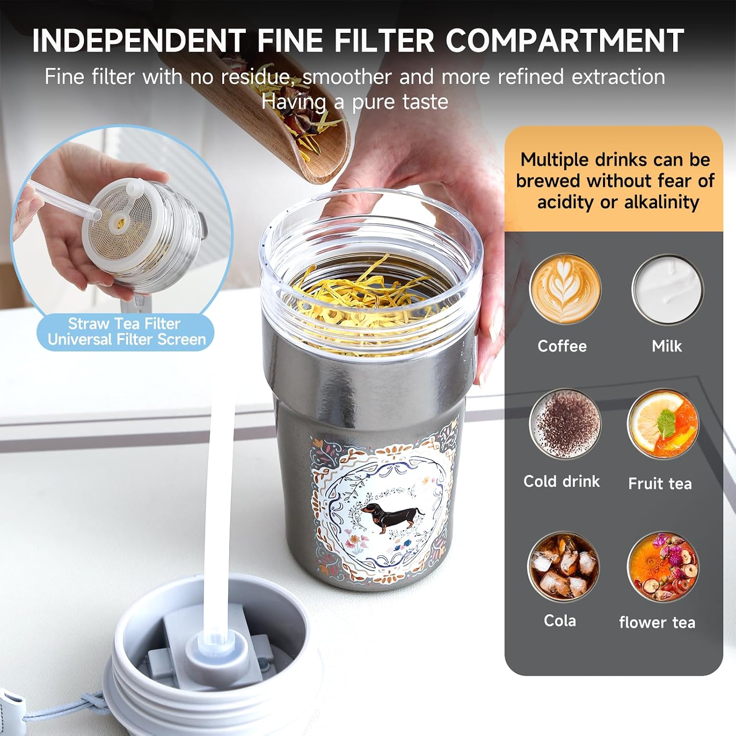 350ml/12oz Non-Slip Titanium Cup,Titanium Mug With Filter And Straw,Double Wall Coffee Travel Mug (CATS) image 3