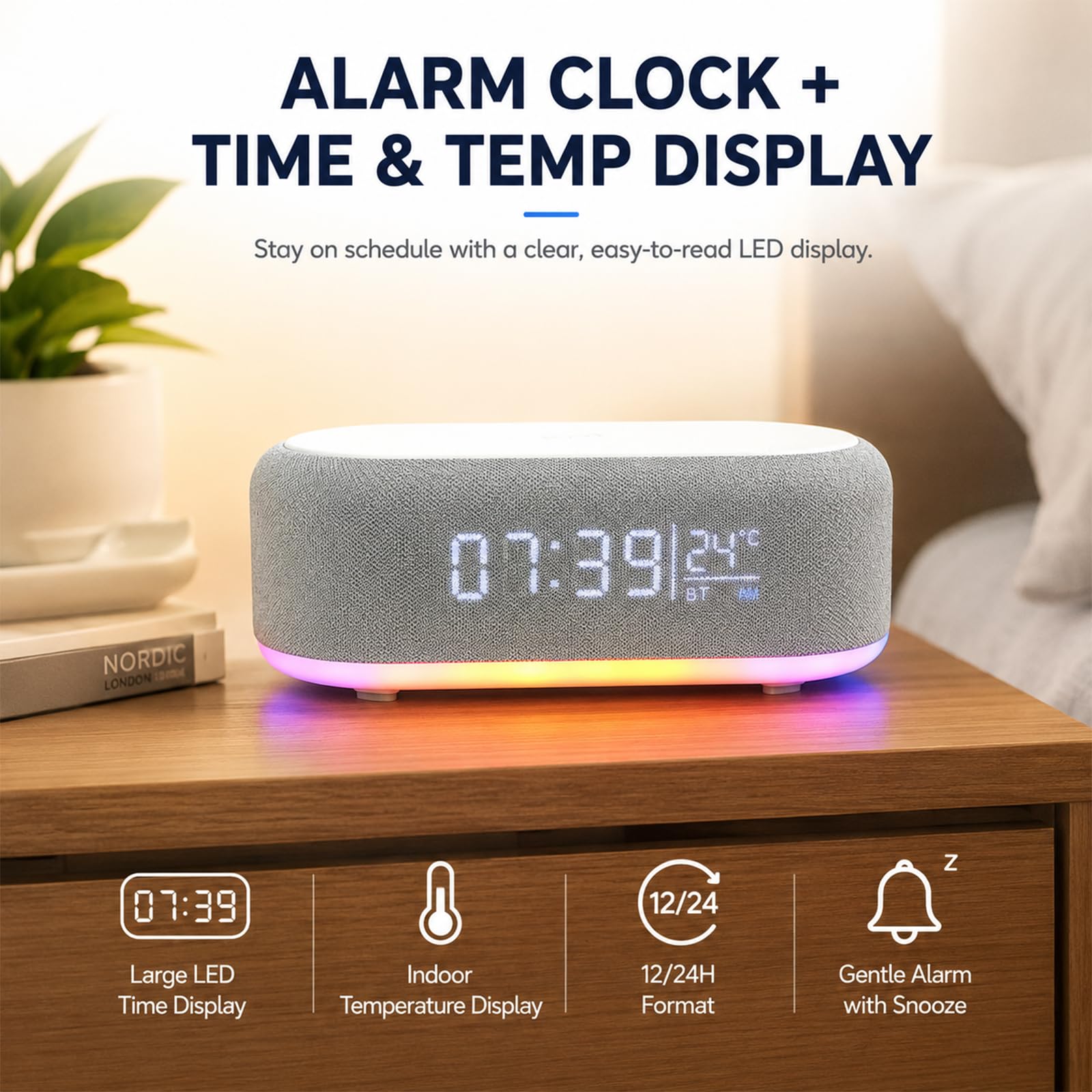 BYZESTY Radio despertador Bluetooth con carga inalámbrica 15 W, despertador de radio digital, despertador de audio Bluetooth digital 6 en 1 con luz nocturna y reloj, cargador USB para mesita de noche