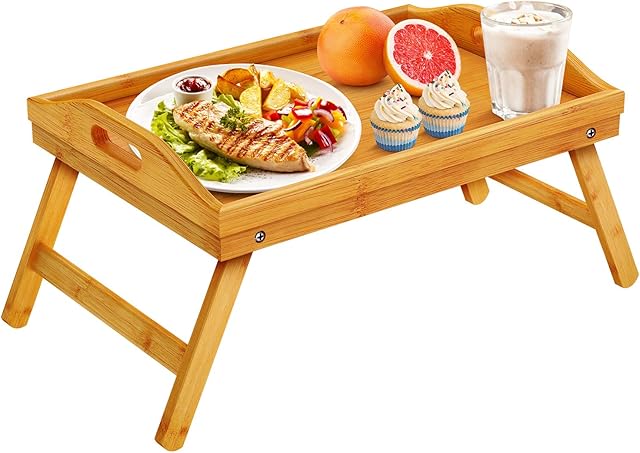 Pipishell Bamboo Bed Tray Table with Foldable Legs, Breakfast Tray for Sofa, Bed, Eating, Working, Used As Desk Snack Tray
