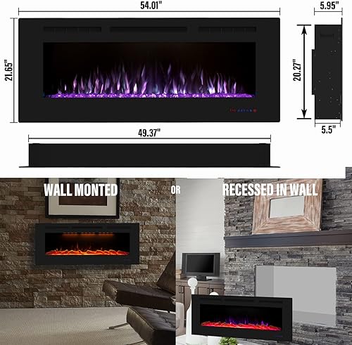 Miniatura 6 de Masarflame Chimenea eléctrica inteligente WiFi de 54 pulgadas, calentador de chimenea empotrado y de montaje en pared con 13 llamas y 3 luces