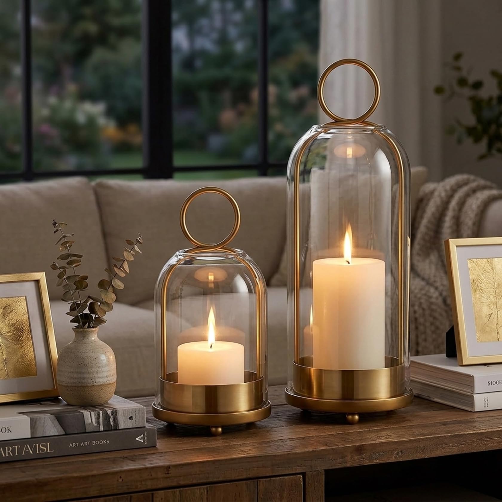 2 portavelas de Cristal huracán, portavelas de Metal Dorado para decoración rústica de Granja, de Cristal Transparente para Mesa o Colgar en la Pared