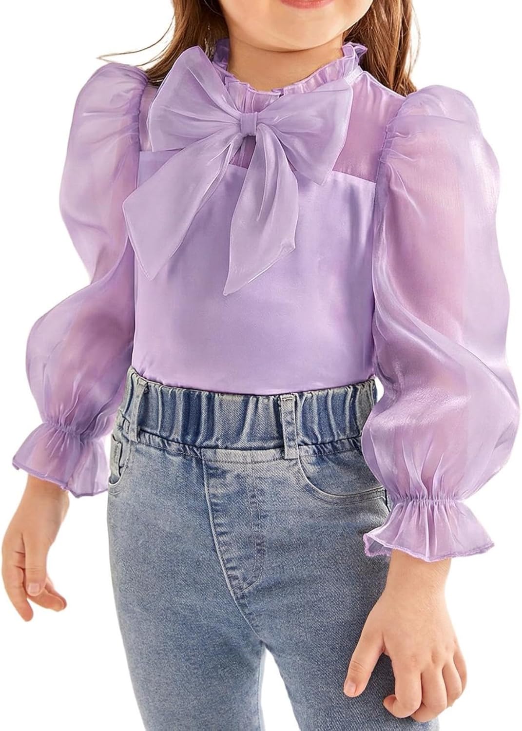 WDIRARA Girl's Bow Front Cute Long Sleeve Blouse Mock Neck Shirt Ruffle Mesh Casual Top Tee