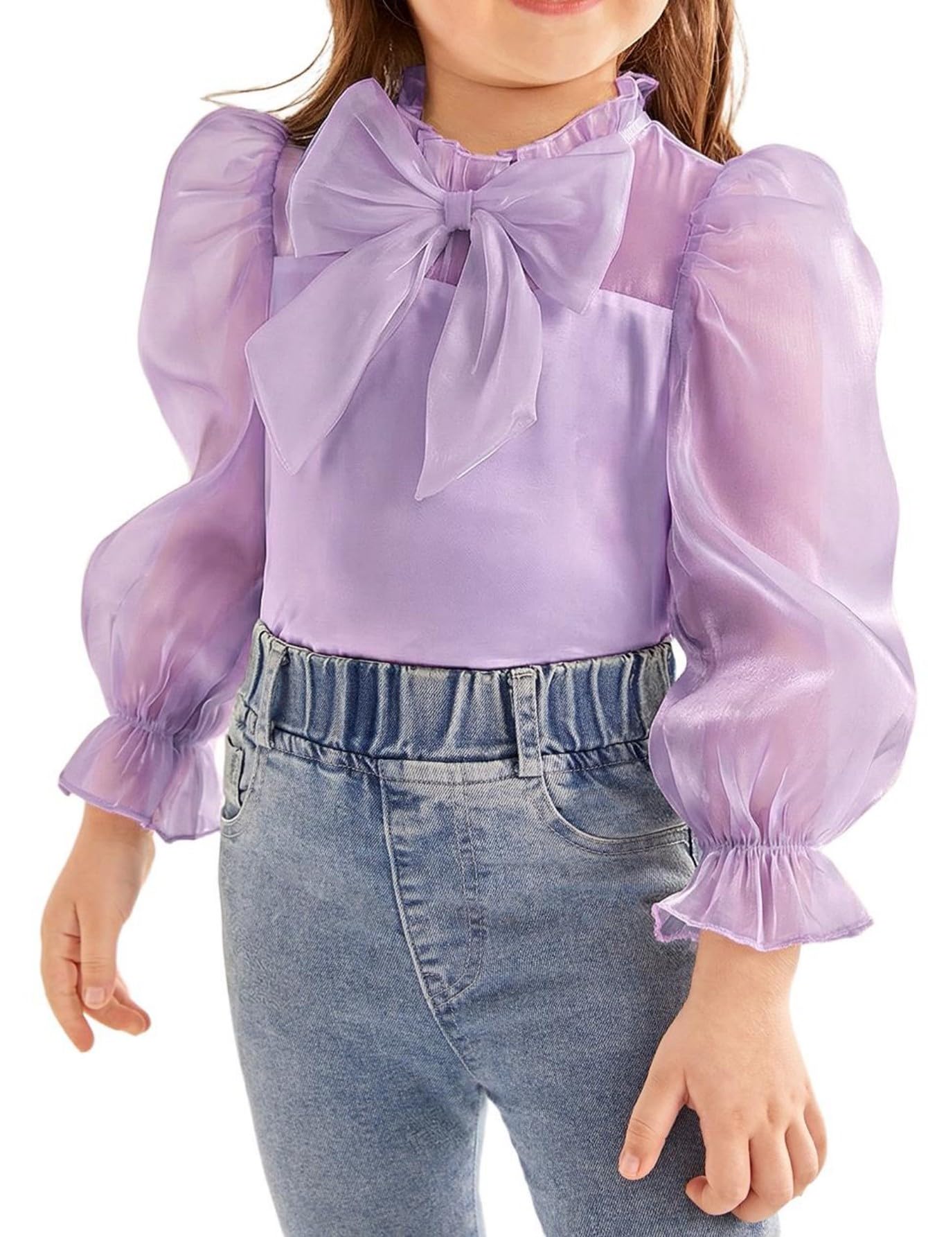 WDIRARA Girl's Bow Front Cute Long Sleeve Blouse Mock Neck Shirt Ruffle Mesh Casual Top Tee