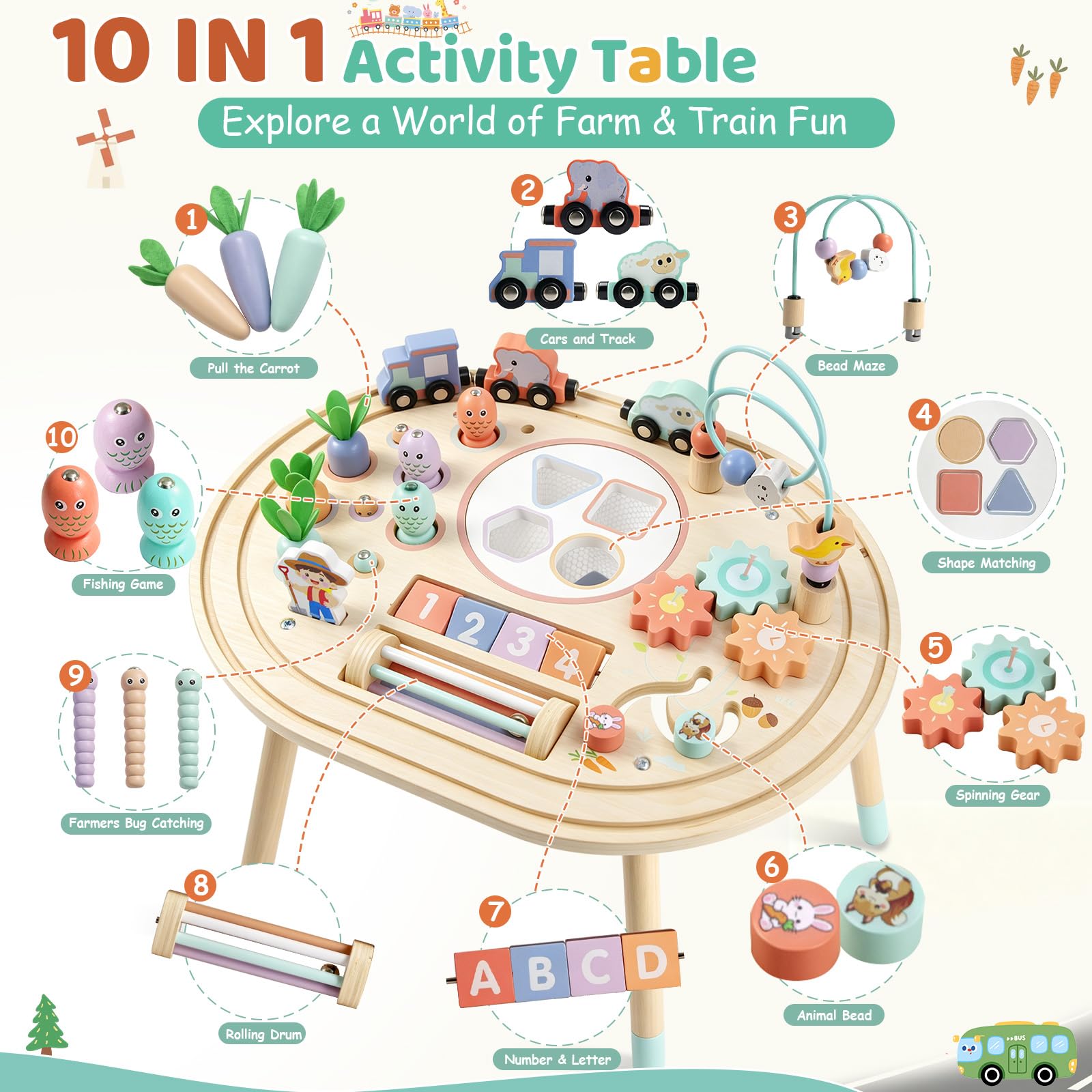 Giocattolo Montessori 10 in 1 - Tavolo attività in legno a partire da 1 anno | Montessori - Tavolo da gioco per abilità motorie, giocattolo educativo per bambini dai 18 mesi in su