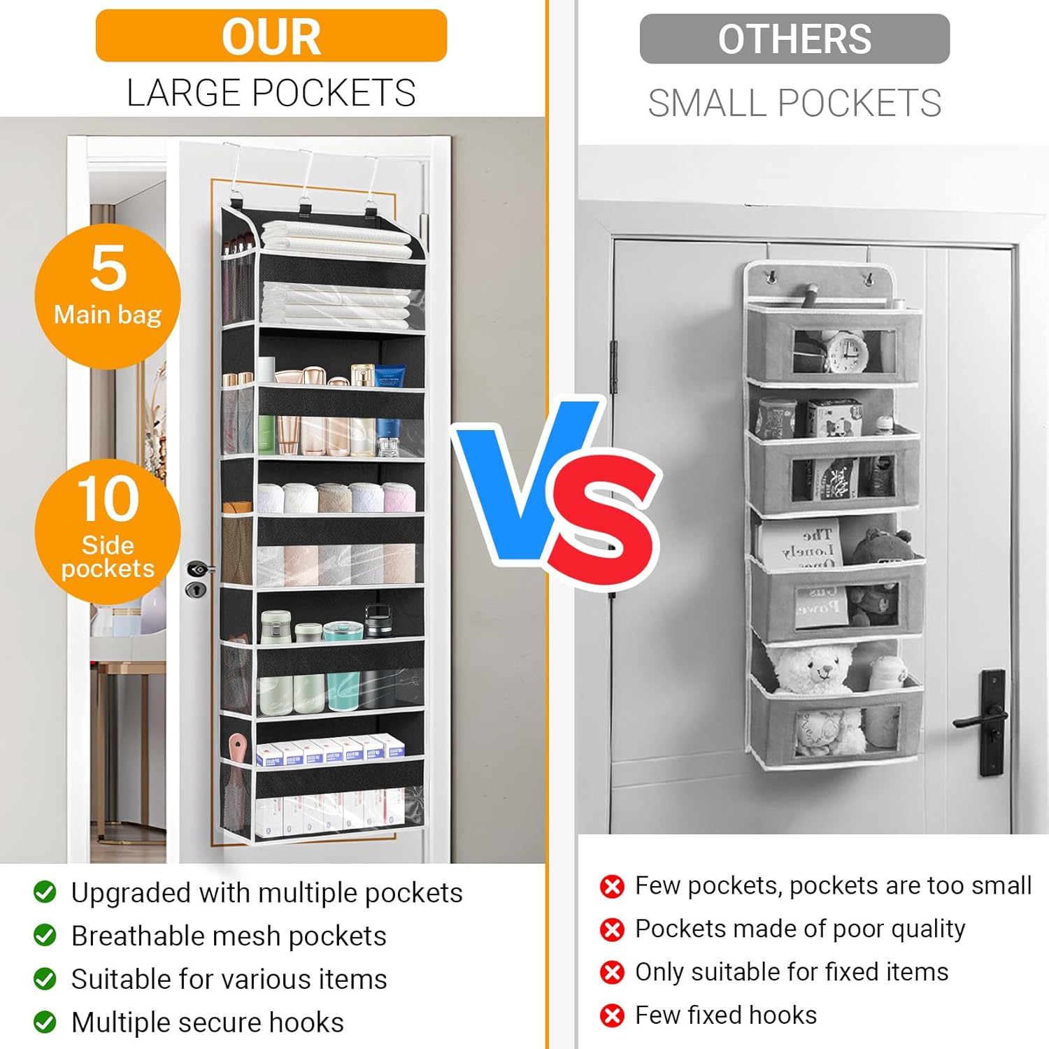 ドア越しオーガナイザー - 5層の大きなポケット、頑丈なドアオーガナイザー吊り下げ収納、10個のメッシュサイドポケット&amp;クリ
