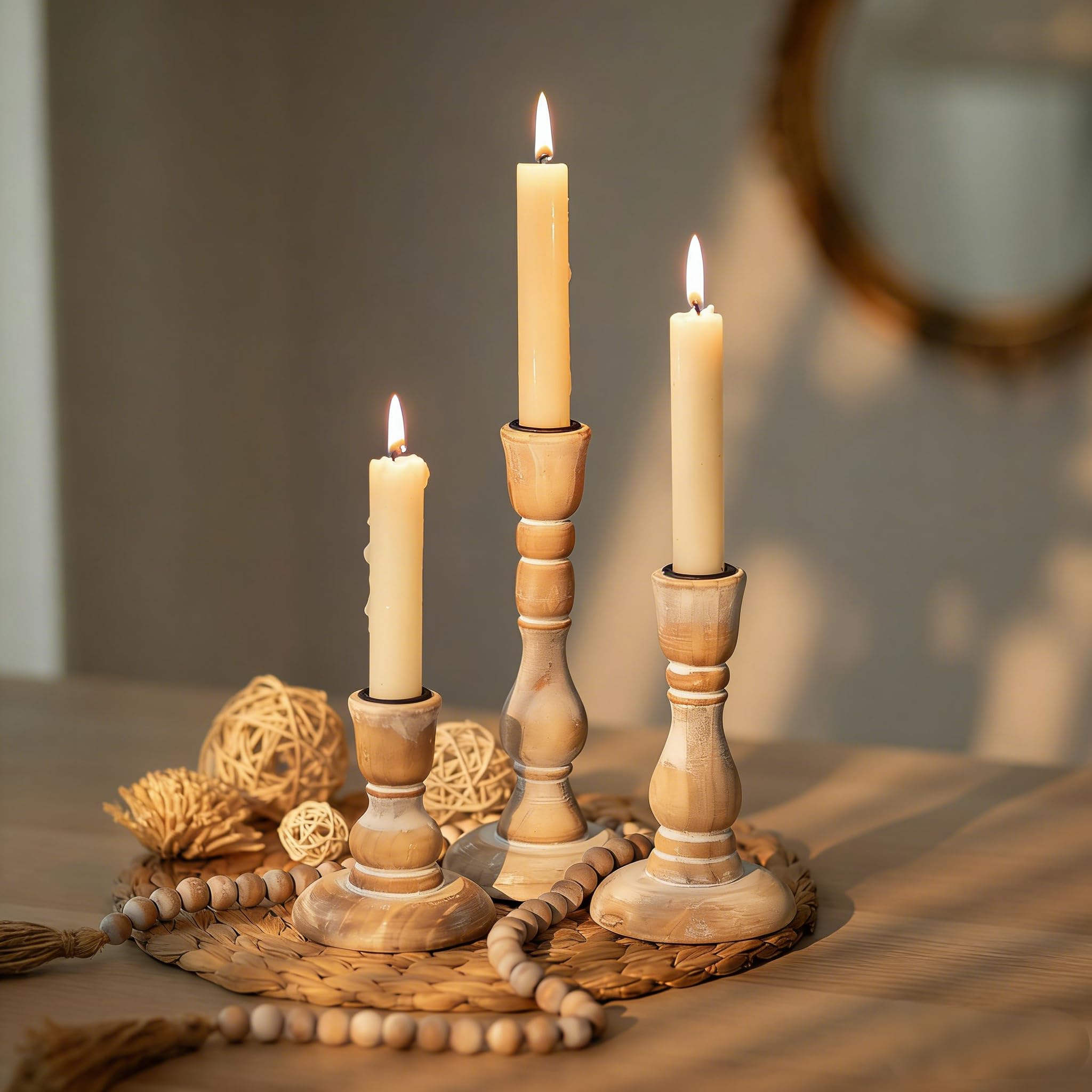 NUPTIO Wooden Candlestick Holder Rustic: Set of 3 Vintage Wood Candle Stick Holder White Taper for Wedding Birthday Party Holiday Christmas Home Dining Table Decor Candleholders