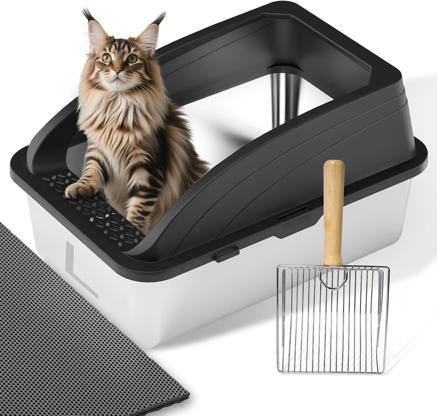 Stainless Steel Cat Litter Tray, Semi-Closed Cat Litter Tray, Stainless Steel Cat Litter Tray Large with Cat Litter Scoop, Easy to Clean (Black)