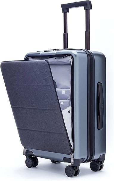 review NINETYGO 20 Inch Carry On 100% Polycarbonate Hardside Luggage With IPX4 Waterproof Front Open Cover, TSA Approved Lock Suitcase for Business & Travel, Silent 360° Rolling Spinner Wheels, Grey