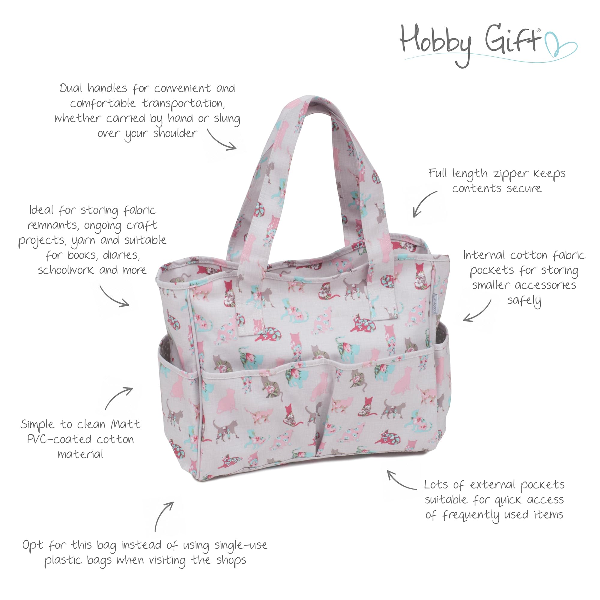 Hobby Gift Borsa Media per Maglia - Creativa da Viaggio con Scomparti, Organiser per Uncinetto per Punto Croce, Filati, Ricamo, Hobby Creativi e Progetti Artistici - 13 x 34,5 x 29 cm, Gatti