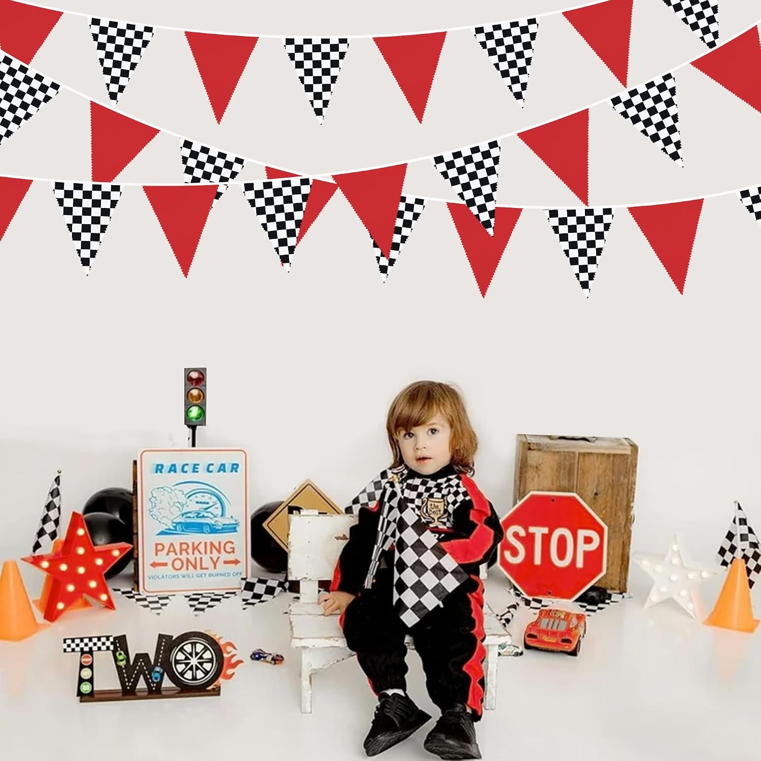 32Ft Red Black White Checkered Racing Car Party Decorations Race Car Triangle Flag Pennant Banner Fabric Garland Streamer for Kids Two Fast Birthday Fast One Baby Shower BBQ Bar Picnic Outdoor Decor image 4