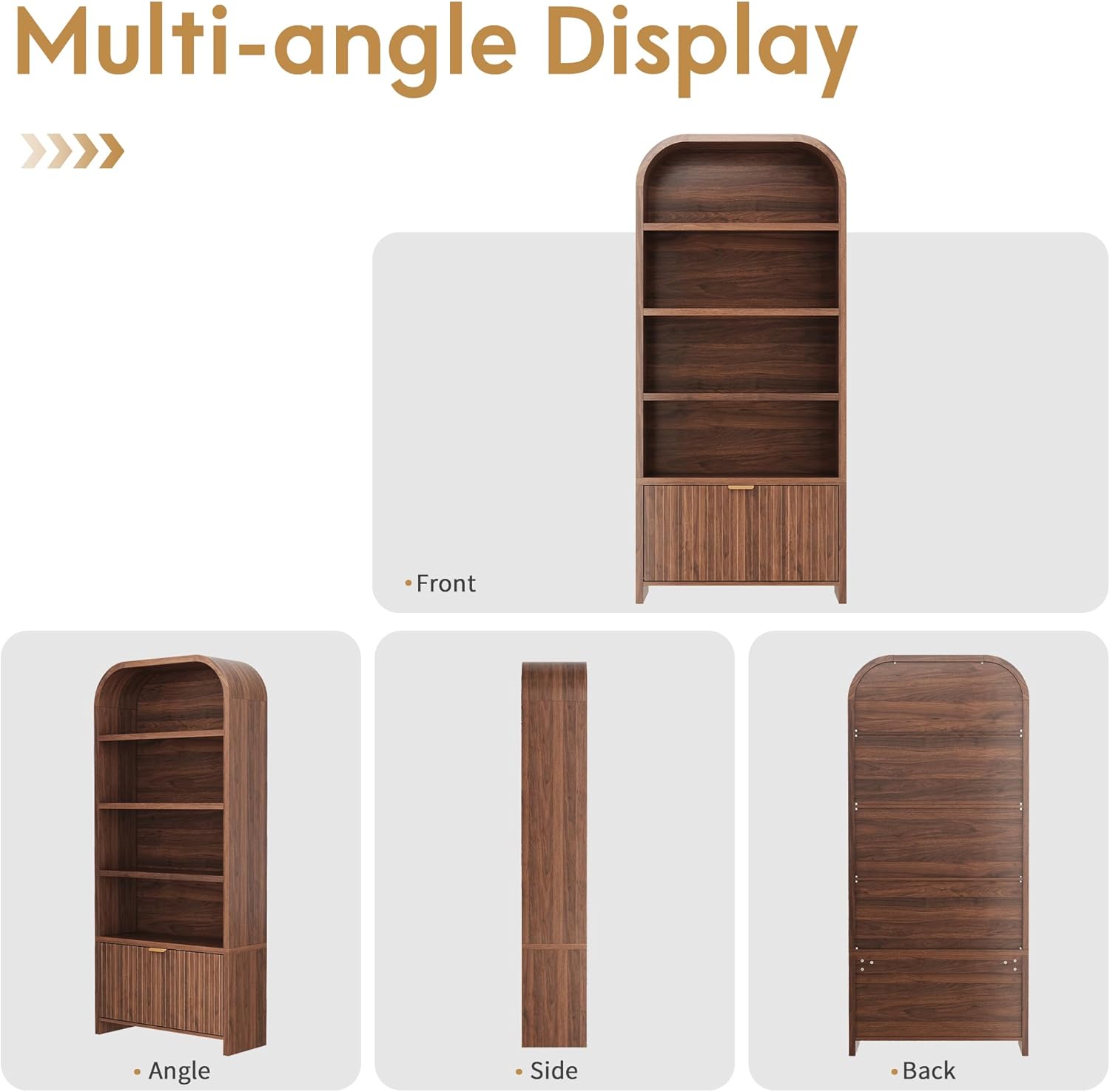 LEVNARY Arched Bookcase with Drawer, 70" Tall 5-Tier Bookshelf with Fluted Carved Drawer, Freestanding Display Storage Cabinet for Living Room Bedroom Home Office (Walnut) - Image 5