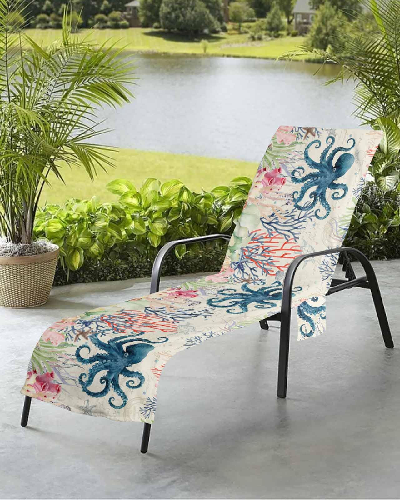 Octopus Beach Chair Towel Covers for Chaise Lounge With Side Pocket, Soft Plush Pool Towels Cover for Patio Sunbathing Outdoor Beach Coastal Ocean Coastal Watercolor 29''x85''