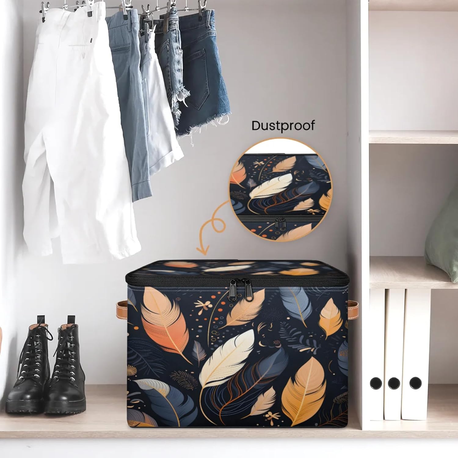 Storage Bin Set of 2 Ethnic Feathers Storage Basket with Zipper Lid & Handle Foldable Closet Shelf 2 Pack Cloth Organizer Basket Cube Bins Clothes Organizer for Nursery, Bedroom