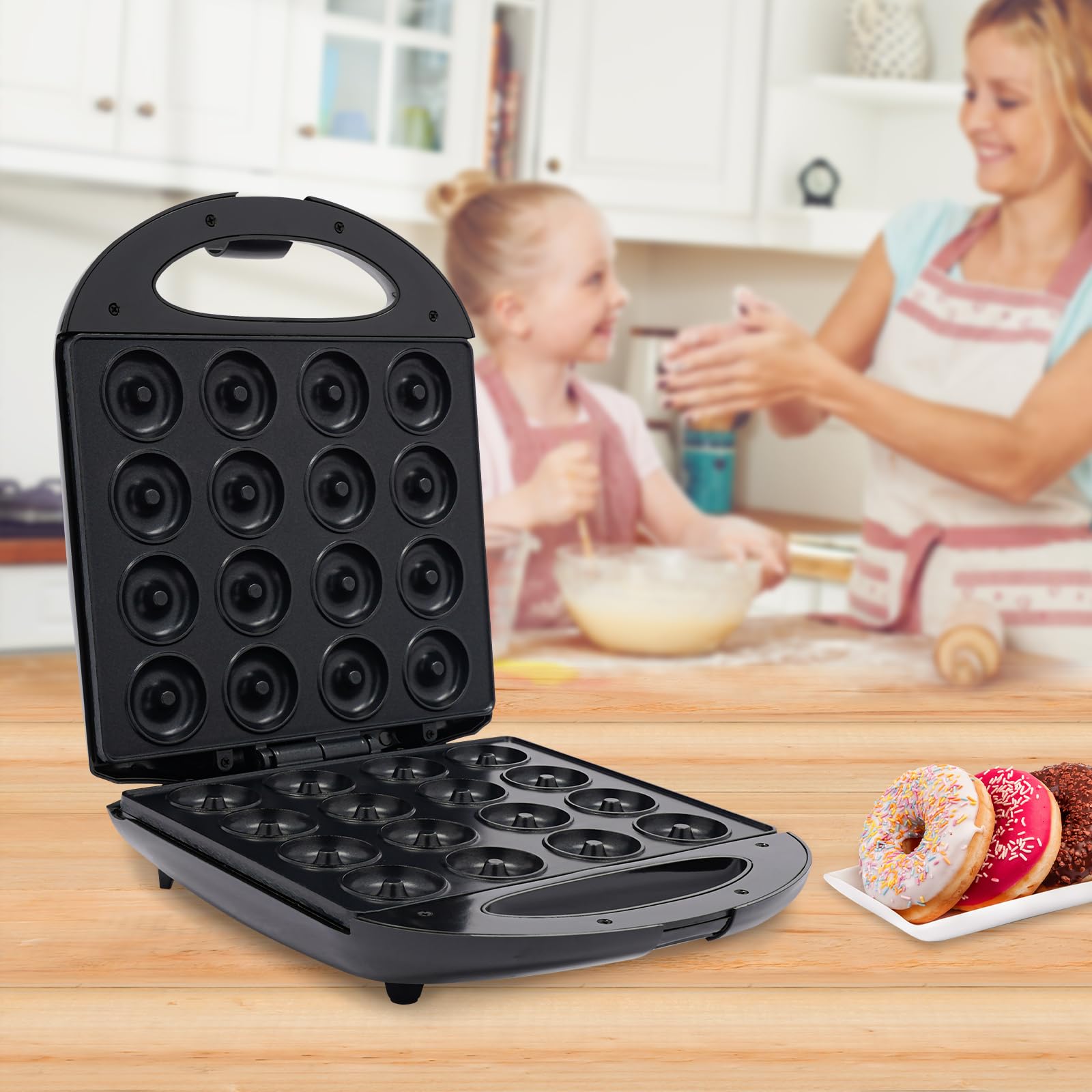 Donut Maschine, 1400W Mini Donuts Maker mit 16 Donut-Löchern, Elektrischer Donut-Maker, für Herstellung von Donuts, 26.5x28cm